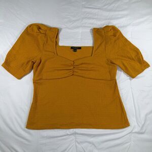 Marc New York by Andrew Marc Mustard Yellow Square Neck Top Blouse Puffy Sleeves